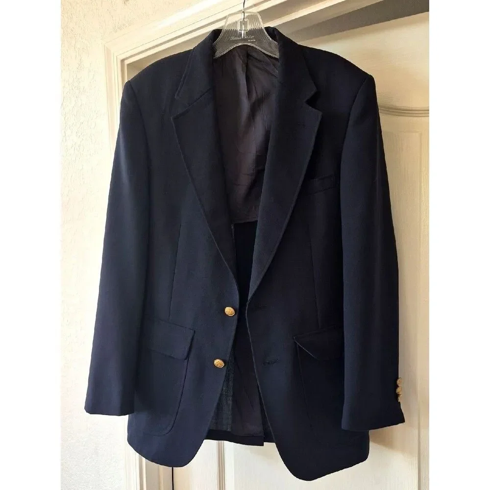Stafford Vtg. Wool Smooth Blazer with Gold Medallion Buttons Size 40 R